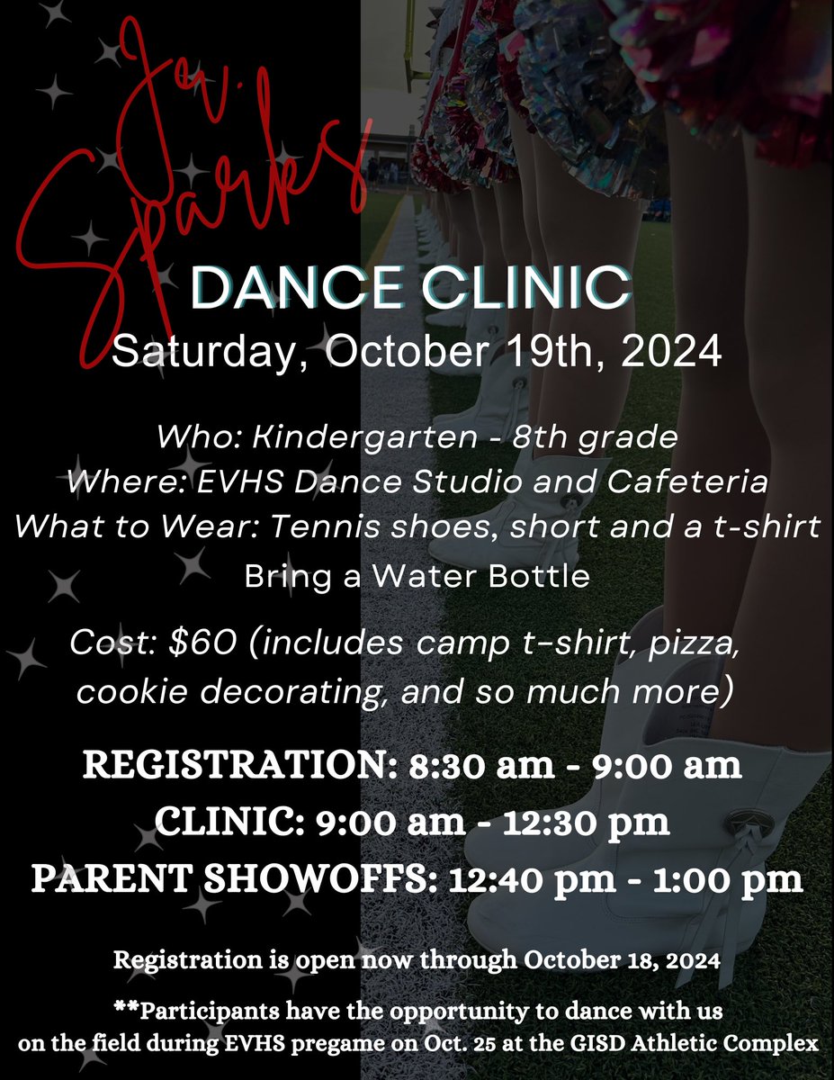 We are excited to announce the Sparklers and Starlets will be hosting our fall Jr. Sparks clinic on October 19. All children from kindergarten to 8th grade are welcome. Registration ⬇️ 

signupforms.com/registrations/…

Registration open through October 18

<a href="/GeorgetownISD/">Georgetown ISD</a> <a href="/EastViewHS/">East View HS</a>