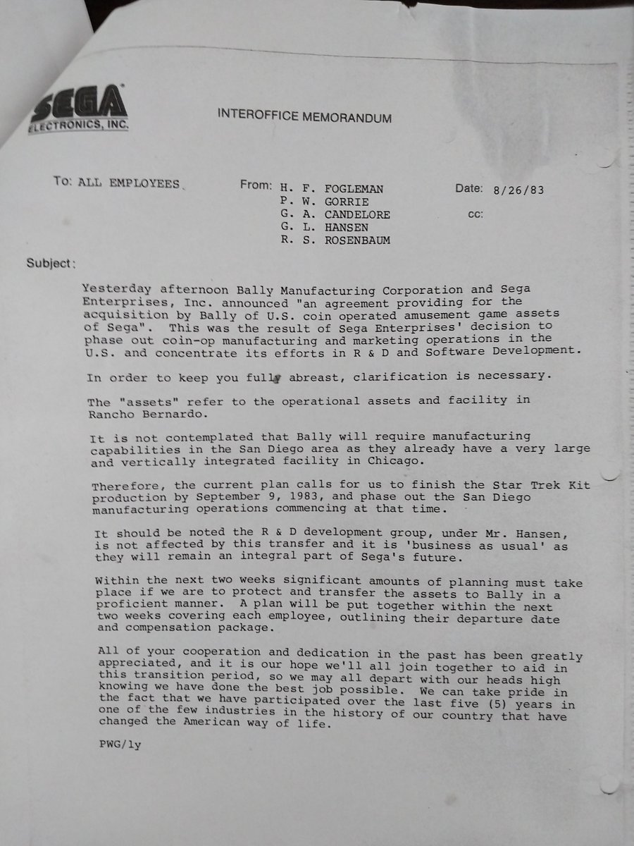 GameResearch_E's tweet image. One of the documents brought to the Gremlin reunion was the final letter to all employees after Bally bought the company's assets.

It was an unfortunate and sudden end to it all, yet laid the groundwork for 41 years of continued camaraderie in San Diego.