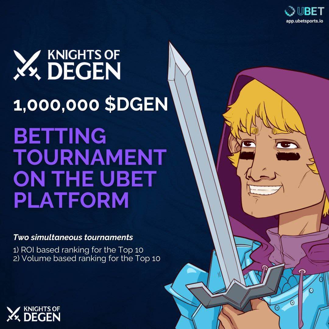 Degen DAO $DGEN (@degendaoxyz) on Twitter photo Bet with $DGEN on <a href="/UBET__Sports/">UBET Sports 🎲⚖️🏦 - A Decentralized Sportsbook</a> and join our Leaderboard Challenge!
2 Leaderboards: Volume ROI (min 30 bets)
500k $DGEN prize pool EACH, top 10 win: 1st: 250k $DGEN 2nd: 125k $DGEN 3rd: 60k $DGEN 4th-10th prizes too!
Contest ends in October. Bet now! #Degen #UBET Bet with $DGEN on <a href="/UBET__Sports/">UBET Sports 🎲⚖️🏦 - A Decentralized Sportsbook</a> and join our Leaderboard Challenge!
2 Leaderboards: Volume ROI (min 30 bets)
500k $DGEN prize pool EACH, top 10 win: 1st: 250k $DGEN 2nd: 125k $DGEN 3rd: 60k $DGEN 4th-10th prizes too!
Contest ends in October. Bet now! #Degen #UBET