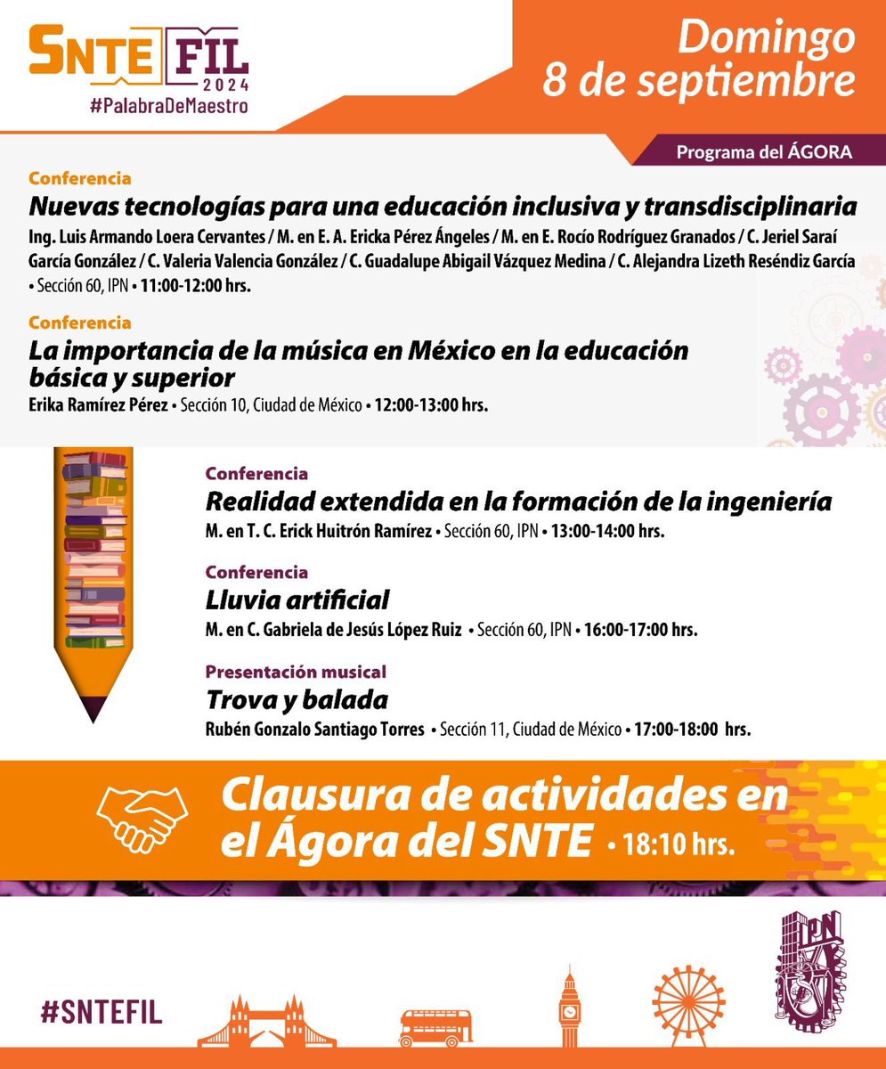 #PalabraDeMaestro👩🏻‍🏫👨🏻‍🏫

🗒️ Programa del Ágora | #8deSeptiembre | Hoy se presentarán cuatro conferencias y música  a cargo de las secciones 10 y 11, #CdMx; y 60 #IPN.
A las 18:10 horas ceremonia de clausura
¡Consulta la agenda!👇