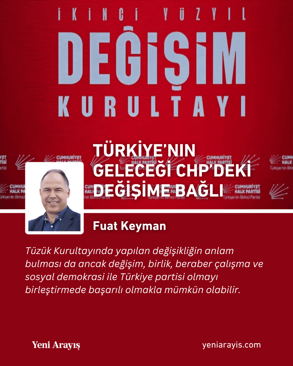 Yeni Arayış (@yeniarayiscom) on Twitter photo ❝ Bugün karşımızdaki Türkiye tablosunda Türkiye’yi yönetemeyen bir İktidar ile Türkiye’yi yönetme iddiasından uzak bir muhalefet ve CHP var. ❞
Türkiye’nin geleceği CHP’deki değişime bağlı
✍️ <a href="/keymanfuat/">Fuat Keyman</a> yazdı.
Okumak için ➡️ yeniarayis.com/makale/turkiye… ❝ Bugün karşımızdaki Türkiye tablosunda Türkiye’yi yönetemeyen bir İktidar ile Türkiye’yi yönetme iddiasından uzak bir muhalefet ve CHP var. ❞
Türkiye’nin geleceği CHP’deki değişime bağlı
✍️ <a href="/keymanfuat/">Fuat Keyman</a> yazdı.
Okumak için ➡️ yeniarayis.com/makale/turkiye…