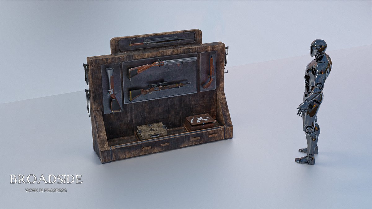 BroadsideDev's tweet image. The Weapon Rack:
Designed by our prop artist @Indi_SoT 
Placed on all ships and the Fort Island for quick weapon swaps. 
No menus when switching guns!
Skins can be pre-selected via the Paint Box.
We also welcome our new team members  in helping bring our game one step closer!