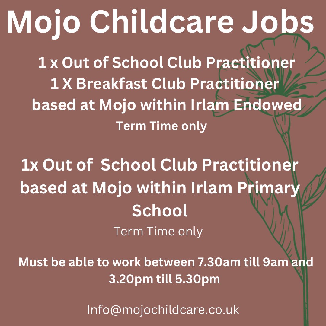 We are hiring staff to work within our fabulous Breakfast and Afterschool clubs,Term time. The candidate must be dedicated to the safeguarding of our children. 
1x 7.5hrs per week 
1x 16.5hrs 
1x18hrs 
Get in touch for more details. 
#irlam #cadishead #childcarejobs 
#warrington
