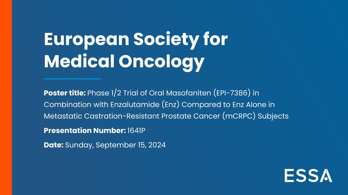 Next week, at @ESMO, we will present a poster with updated data from our phase 1/2 clinical trial of masofaniten + enzalutamide for patients with castration-resistant #prostatecancer. #ESMO2024