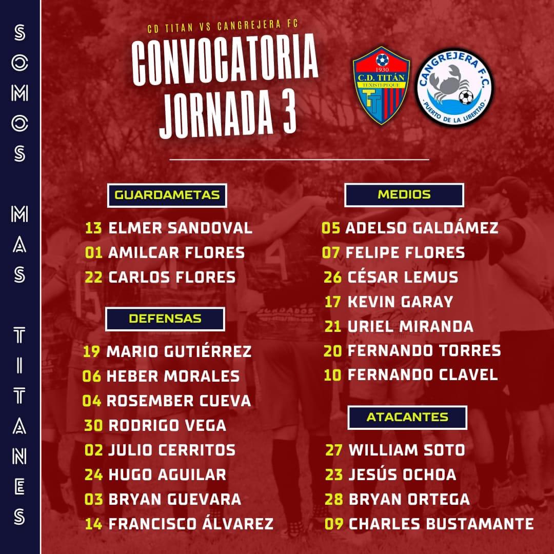CDTitan1's tweet photo. CONVOCATORIA || JORNADA 3
🆚 CANGREJERA FC
#SOMOSMASTITANES | #ELGIGANTEDETEXISTEPEQUE | #CDTITAN https://t.co/oPdoVgpNzK