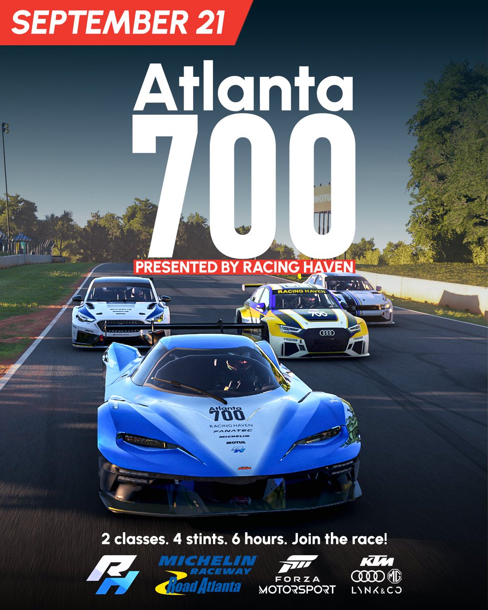 Join us on September 21 for the Atlanta 700 – a multi-stint, multi-class endurance race.

Take on this test of your skill and stamina. Six hours racing action: Who will come out on top?
Join the #RacingHaven Discord ‣ discord.gg/racinghaven

#RHAtlanta700 #ForzaMotorsport