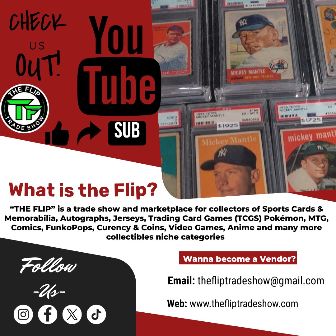The Flip Trade Show (@fliptradeshow) on Twitter photo Go Like and Subscribe to our YouTube Channel if you haven’t already! Be able to see people’s reviews and Videos of the shows! 🎥🎥
If You or Know Someone That will be interested in becoming a Vendor at the show.
Please Email US!
Email- TheFlipTradeShow@Gmail.com Go Like and Subscribe to our YouTube Channel if you haven’t already! Be able to see people’s reviews and Videos of the shows! 🎥🎥
If You or Know Someone That will be interested in becoming a Vendor at the show.
Please Email US!
Email- TheFlipTradeShow@Gmail.com