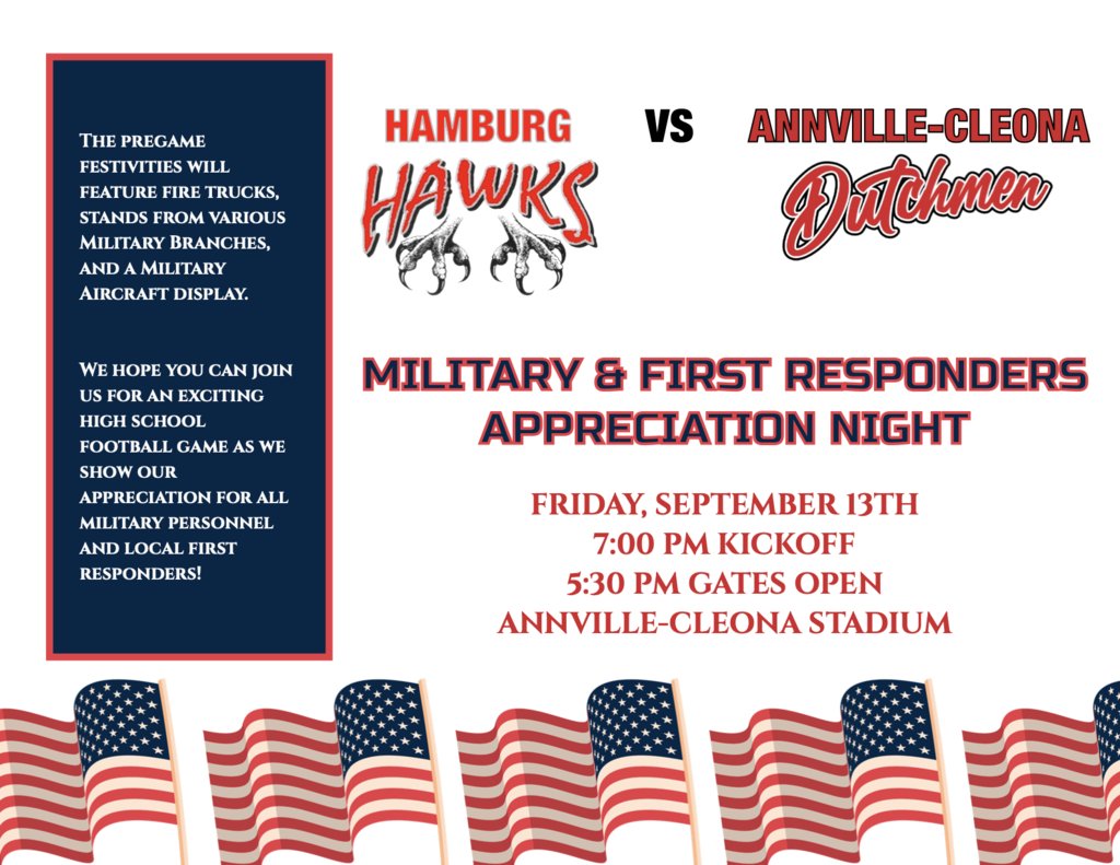 Join us this Friday (9/13) for Military &amp; First Responders Appreciation Night at the home football game! Enjoy fire truck displays, military branch stands, and, weather permitting, a military aircraft display. Gates open at 5:30 PM, kickoff at 7:00 PM. We hope to see you there!
