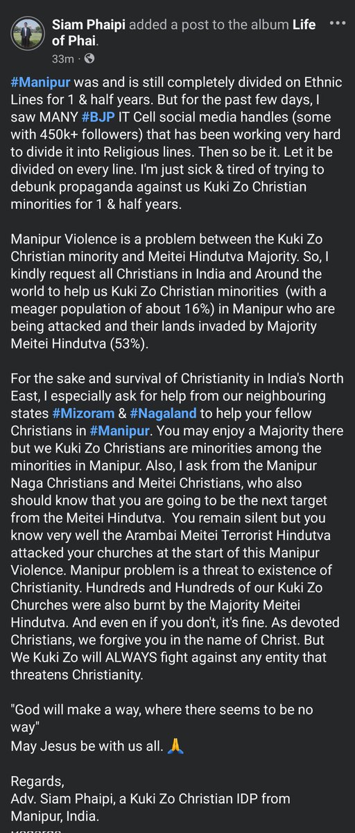 SiamPhaipi's tweet photo. #Manipur is a problem between Meitei #Hindu Majority vs. Kuki Zo #Christian Minorities.

#Hindutva #ManipurViolence https://t.co/Y7rE6fkuTP
