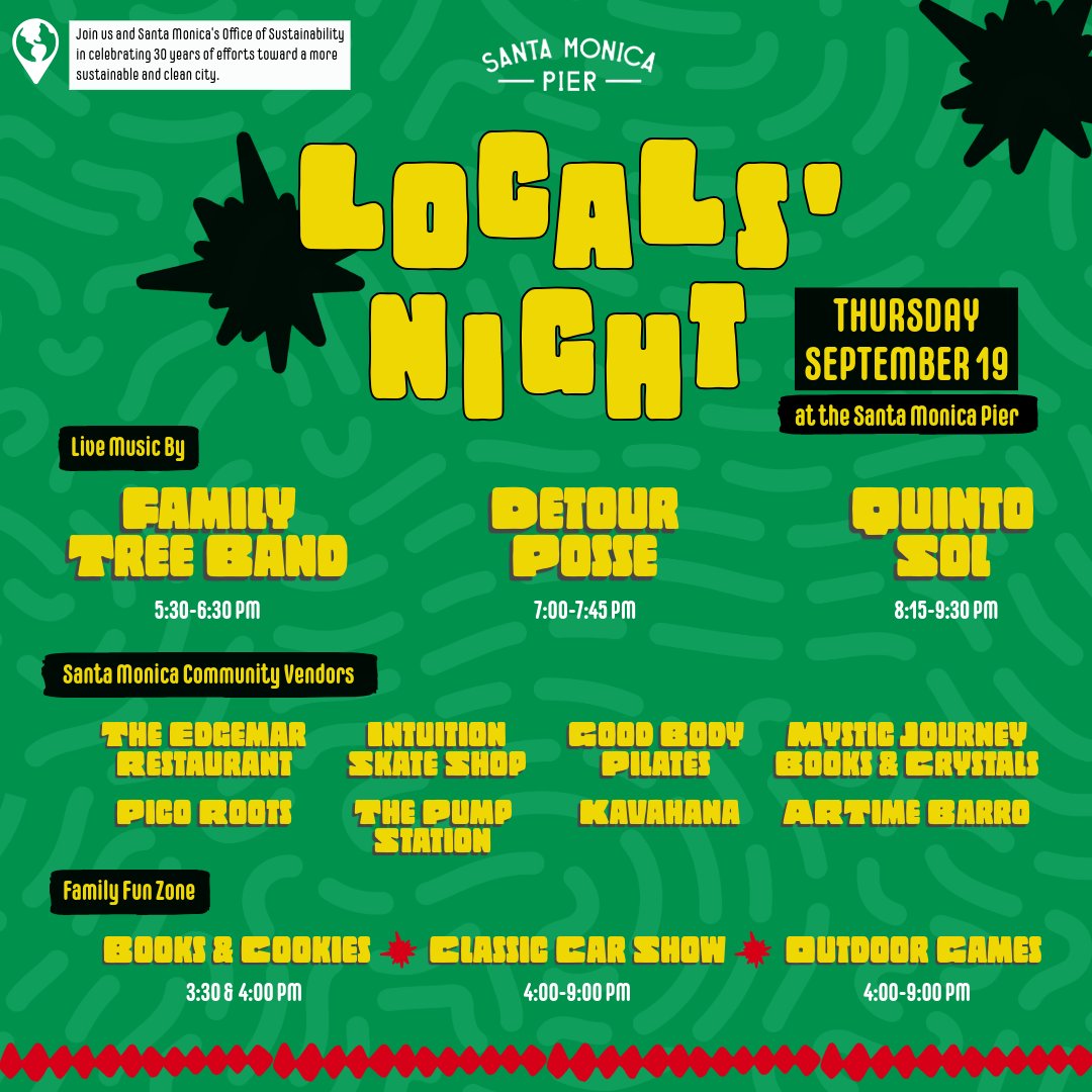 Join us for a FREE reggae-themed night celebrating Santa Monica! 🌊

We’re partnering with the Santa Monica Office of Sustainability to honor 30 years of a greener future. 🌿♻️

📍 Santa Monica Pier
📅 Sept. 19
⏰ 5-9:30 PM
💵 FREE