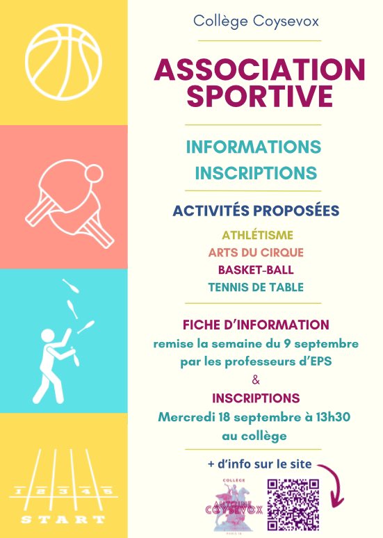 🥇« Finish » de cet été #JOP oblige, zoom sur le sport <a href="/CCoysevox14281/">Collège Coysevox</a> 
Les professeurs d’EPS présentent les activités proposées par l’Asso. Sportive : athlétisme 👟, arts du cirque 🤹‍♀️, basket 🏀, tennis de table 🏓

🗓️inscriptions merc. 18 sept.
➡️ pia.ac-paris.fr/serail/jcms/s1…