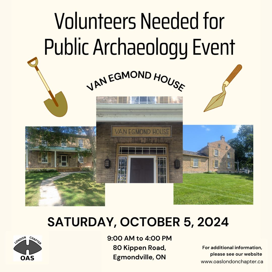 Are you interested in trying archaeology? The OAS London Chapter is hosting a Public Archaeology Day in partnership with Van Egmond House Museum on Saturday, October 5, 2024! More information can be found at the London Chapter website: buff.ly/3XBtFnp