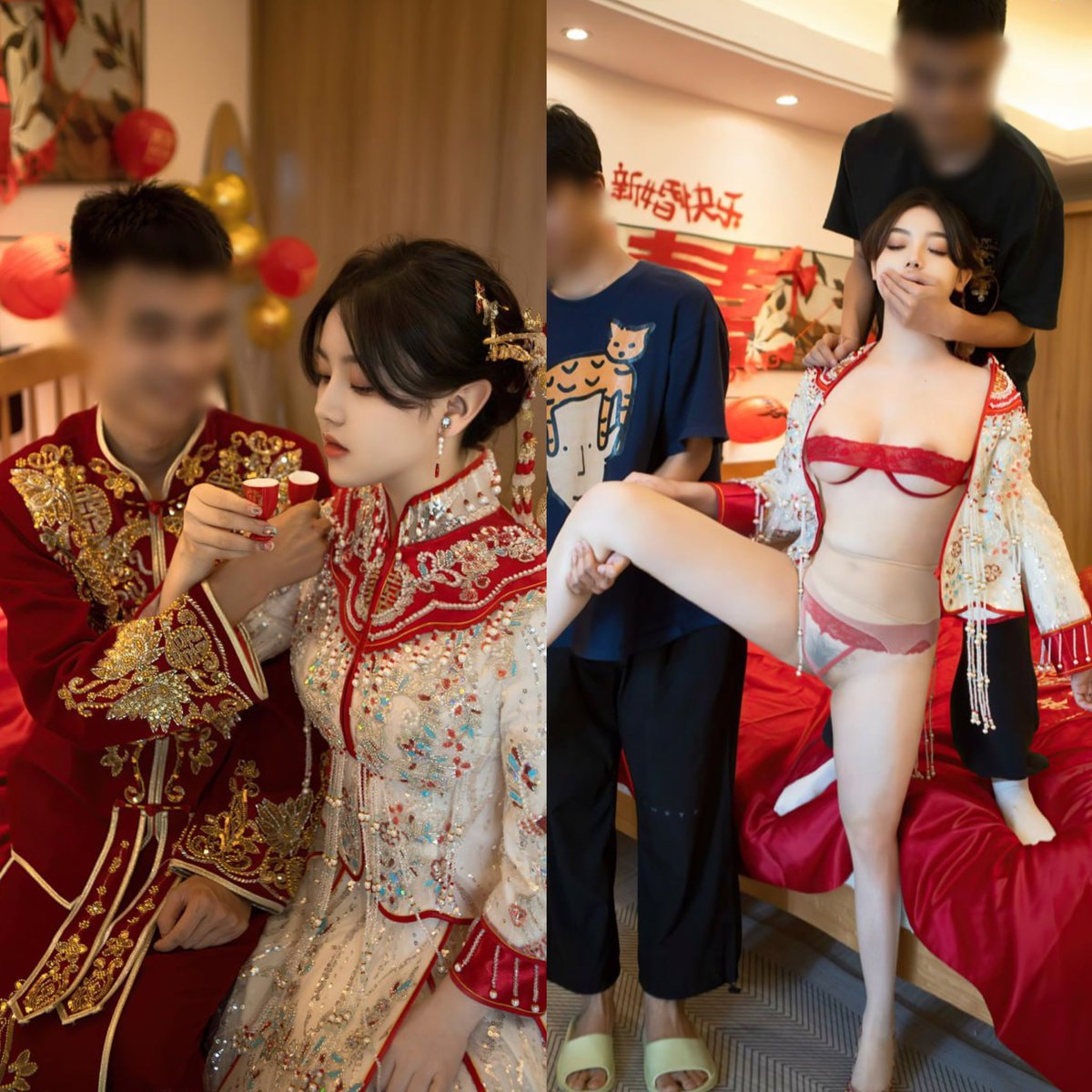 HotFQ991's tweet photo. 绿帽结婚当天，也是他贡献自己的老婆给绿主洞房之夜，白天在亲戚朋友面前喝交杯酒，洞房当晚就被绿主按倒在婚床在绿帽婚纱照前给绿主口交。 https://t.co/a3XSYuHD24