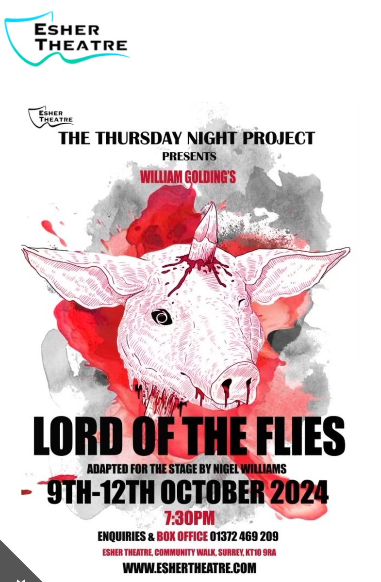 This years project from the Thursday Night crew ……. Please come along and support and watch a compelling account of this dark tale about the breakdown of civilised behaviour…… 

eshertheatre-tickets.ticketsolve.com/ticketbooth/sh…
