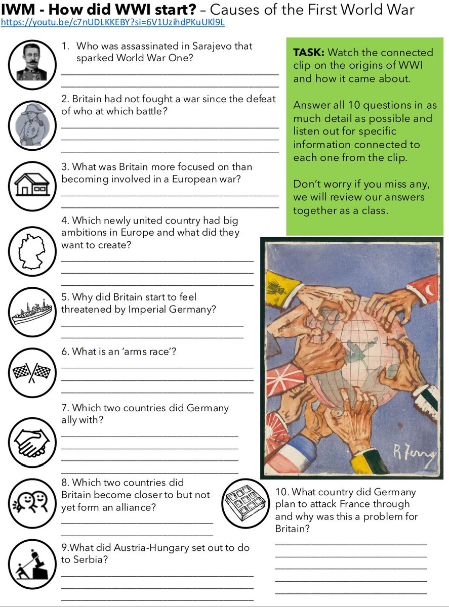 Another closed question clip sheet for Y9 this week! This version takes students through the reasons for the outbreak of WWI and why Britain was initially reluctant to enter the European conflict. #historyteacher 
Resource 
docs.google.com/file/d/1ZphcwK…
Clip
youtu.be/c7nUDLKKEBY?si…
