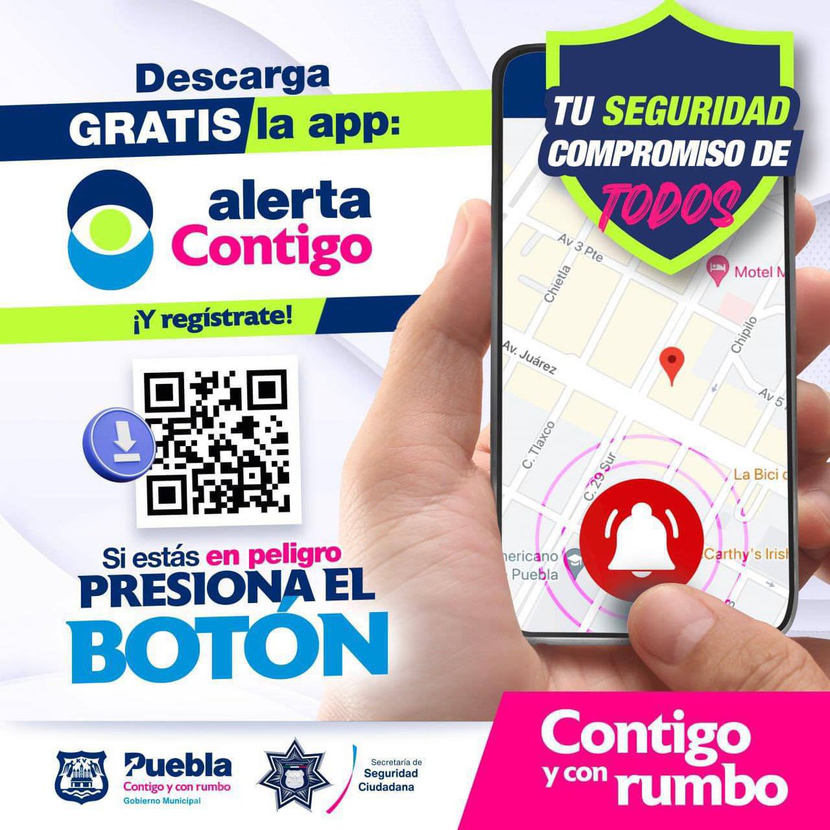 PueblaAyto's tweet photo. Descarga la app #AlertaContigo en tu celular y presiona el botón rojo ante cualquier emergencia.
📲 iOS: https://t.co/HOR1EpERcP
📲Android: https://t.co/Pq6gdmeYP8
Puebla tiene rumbo y resultados. https://t.co/ZtGNKOV1Ls