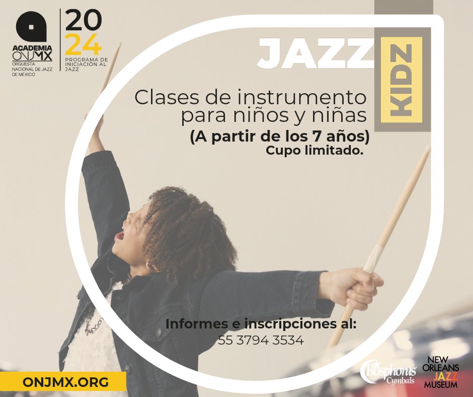 Clases de instrumento para niñas y niños.
Aprende a tocar un instrumento en la 𝘼𝙘𝙖𝙙𝙚𝙢𝙞𝙖 Orquesta Nacional de Jazz de México

Informes e inscripciones: bit.ly/3IAO6JB
onjmx.org