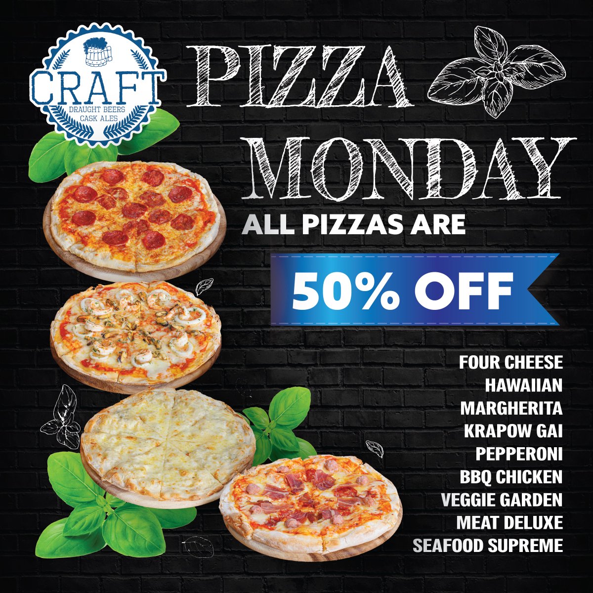 craftbkk's tweet photo. Beat the Monday blues with a cheesy delight! 🍕😄
Get all our pizzas for half price every Monday at CRAFT https://t.co/2zssbC3QeS