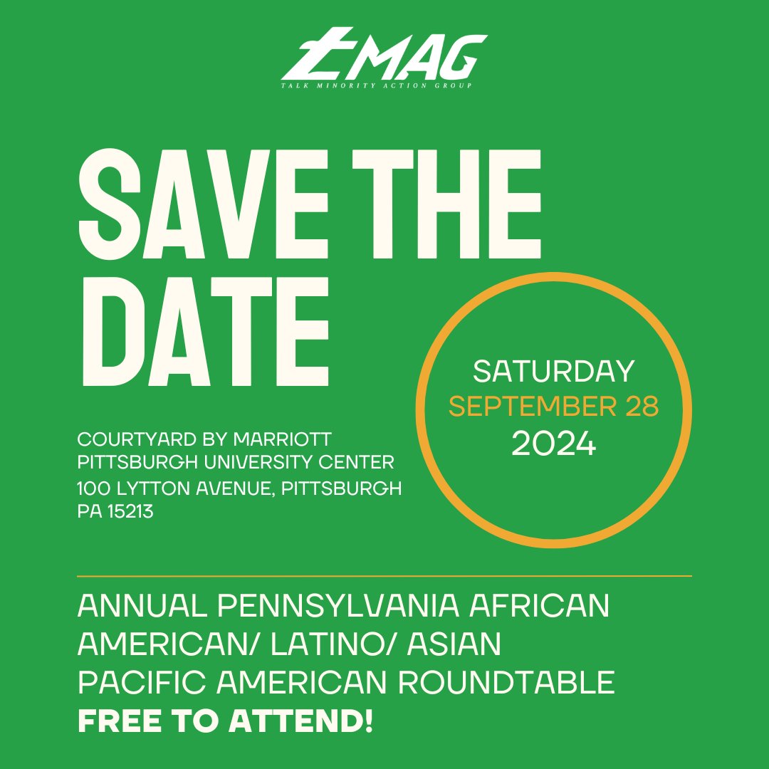 tmagpa20's tweet photo. Join us for the Annual Pennsylvania African American/Latino/Asian Pacific American Roundtable on Saturday, September 28, 2024!

Location: Courtyard by Marriott, 100 Lytton Avenue, Pittsburgh, PA 15213
Time: 10:00 AM - 4:00 PM
Free to Attend! https://t.co/CXManIpJEp