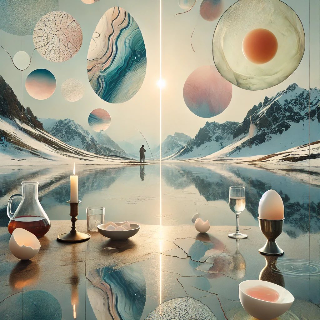 Nachokeys21's tweet image. #NAlove #eggshell

‘My Body Your Blood’

Alpine puddles  
covered in eggshells  
and I’m ice fishing.

Wine’s subtle  
but smothers my exhales,  
an enticing resiling.

Wheat’s thin,  
gale force wind  
cracking lips.

The crackers are salty,  
and trout’s fishy.

There’s a