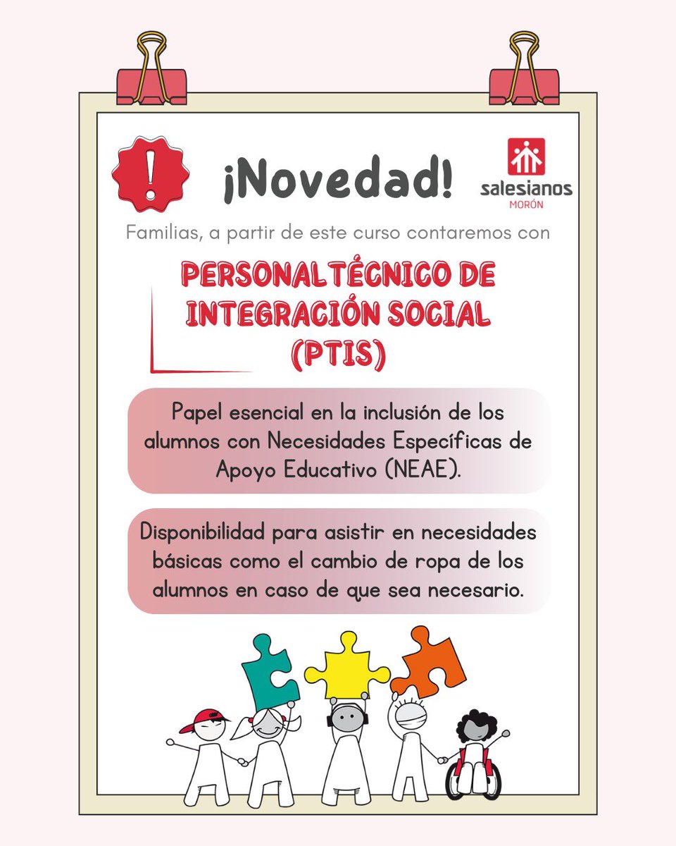 #Orientación | ¡Tenemos una gran noticia! 🎉

Nuestro centro educativo contará desde este curso con un nuevo perfil profesional: Personal Técnico de Integración Social (PTIS). 

Estamos comprometidos en ofrecer una experiencia educativa segura, inclusiva y enriquecedora. 💙📚✨
