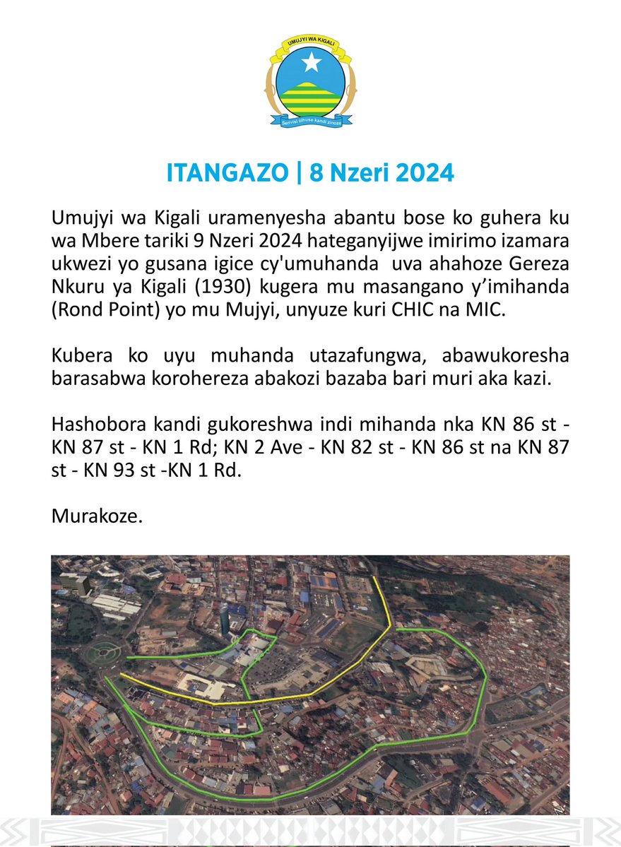 Umujyi wa Kigali watangaje ko guhera ku wa Mbere tariki 09 Nzeri 2024, hateganyijwe imirimo yo gusana umuhanda uva ahahoze Gereza Nkuru ya Kigali (1930) kugera mu masangano y’imihanda (Rond Point) yo mu Mujyi. Iyi mirimo ikaba iteganyijwe kumara igihe kingana n’ukwezi.