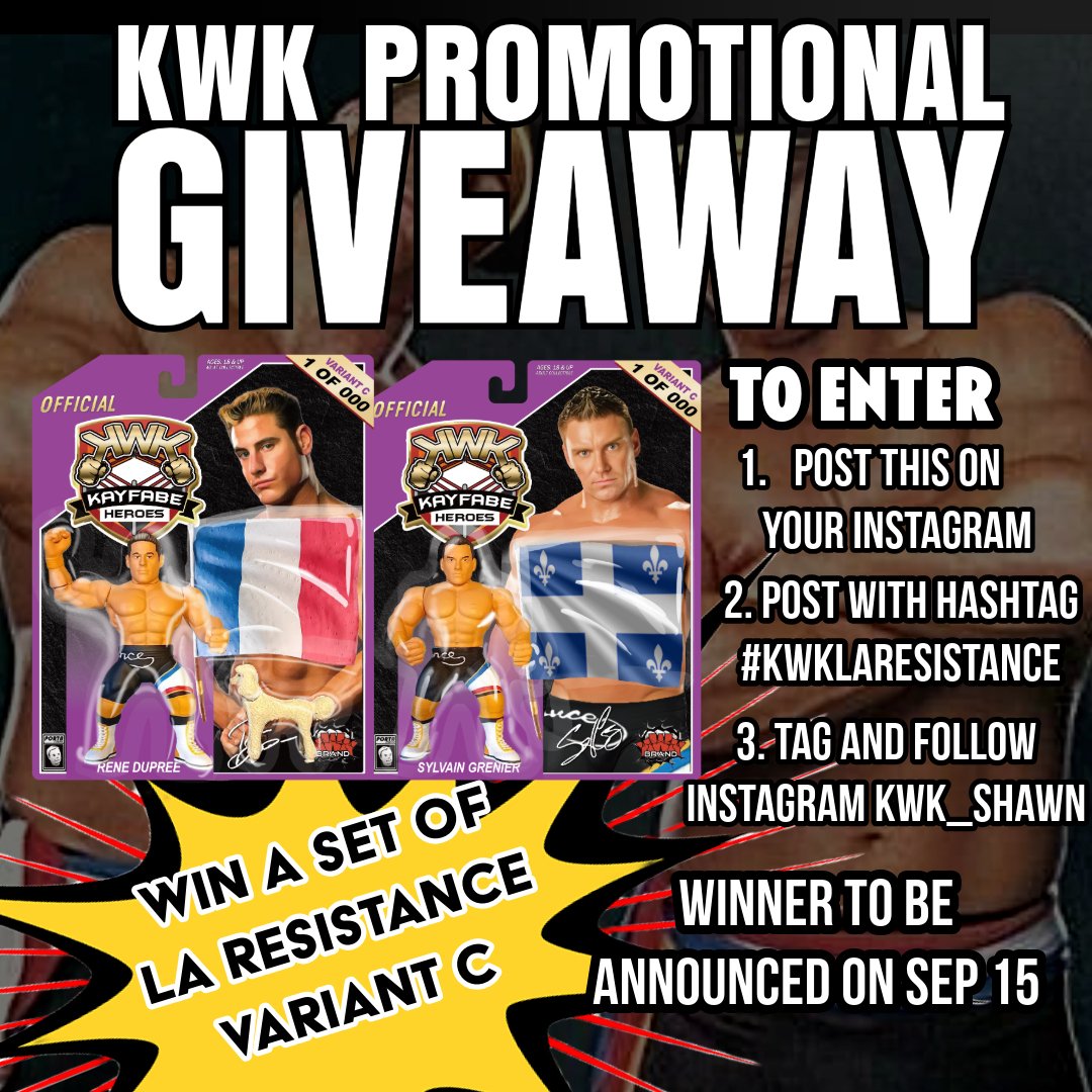 KShawnng's tweet image. GIVEAWAY TIME! Chance to win La Resistance Variant C from the KWK Kayfabe Heroes Series 2! Winner announces on Sep 15. Order from the following stores!

US and S. America 
- theasylumwrestlingstore.com
 
Canada
- rasslinmerch.com 

Everywhere Else
- ShopKWK.com