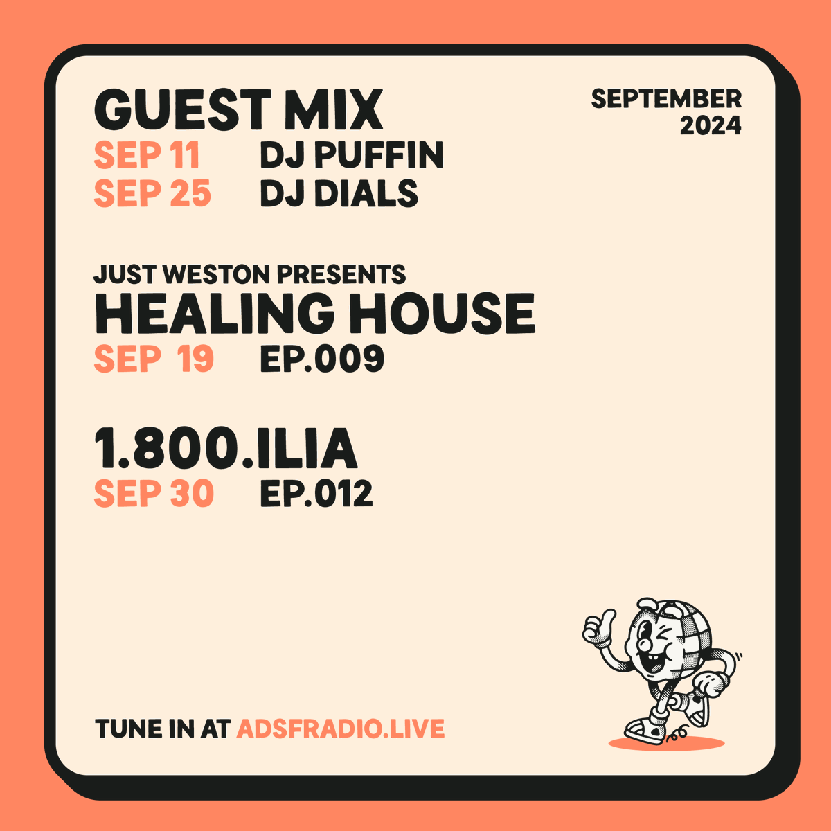 androids dungeon radio (@adsfradio) on Twitter photo SEP 2024 - SPOOKY SZN
GUEST MIX
Sept 11 feat. <a href="/DJPuffin/">DJ Puffin 🌬️</a> (Denver, USA)
Just Weston presents HEALING HOUSE
Sept 19 - EP009
GUEST MIX
Sept 25 feat. <a href="/djdials/">Noah Bennett</a> (San Francisco, USA)
1-800-Ilia
Sept 30 - EP012 with host <a href="/imnotilia/">skeleton jones</a>
👉🏼 adsfradio.live
👉🏼 SEP 2024 - SPOOKY SZN
GUEST MIX
Sept 11 feat. <a href="/DJPuffin/">DJ Puffin 🌬️</a> (Denver, USA)
Just Weston presents HEALING HOUSE
Sept 19 - EP009
GUEST MIX
Sept 25 feat. <a href="/djdials/">Noah Bennett</a> (San Francisco, USA)
1-800-Ilia
Sept 30 - EP012 with host <a href="/imnotilia/">skeleton jones</a>
👉🏼 adsfradio.live
👉🏼