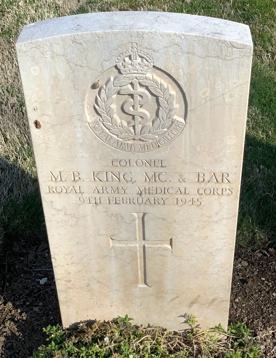 On 9 Feb 1945, Col (Dr) Maurice King MB (TCD), OBE, MC &amp; Bar (WW1) from Dublin🇮🇪, was KIA &amp; buried in Caserta Cemetery🇮🇹 (near Naples). He joined the RAMC🇬🇧 in 1915 &amp; served in Egypt &amp; France. Was with the BEF in France 1940, then in N Africa &amp; finally Allied Command in Italy🇮🇹.