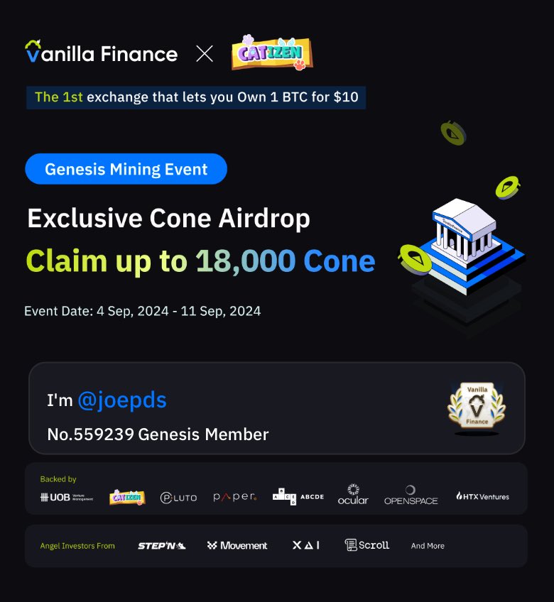 amigos (@sol_joepds) on Twitter photo #VanillaFinance is the 1st exchange that lets you own 1 Bitcoin for $10. Genesis mining is live now. Claim up to 18,000 Cone! #Airdrop #Miniapp.<a href="/VanillaFinance/">Vanilla Finance</a> #VanillaFinance is the 1st exchange that lets you own 1 Bitcoin for $10. Genesis mining is live now. Claim up to 18,000 Cone! #Airdrop #Miniapp.<a href="/VanillaFinance/">Vanilla Finance</a>