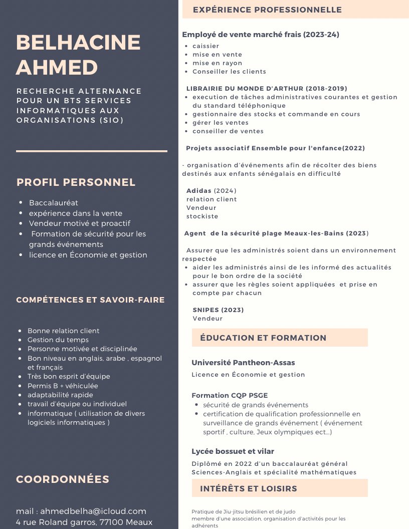 Hello,

Ce jeune homme motivé recherche une alternance dans Paris et sa région pour un BTS service informatique aux organisations (SIO). N'hésitez pas à le contacter directement par mail si vous avez des pistes. RT please !