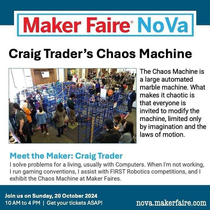 _homemaker's tweet image. Meet the Maker! The extremely popular, Craig Trader’s Chaos Machine, is returning to Maker Faire NoVa on Sunday, 20 October from 10 AM to 4 PM at Alexandria City High School! Get your tickets ASAP as you do not want to miss out. nova.makerfaire.com/tickets/