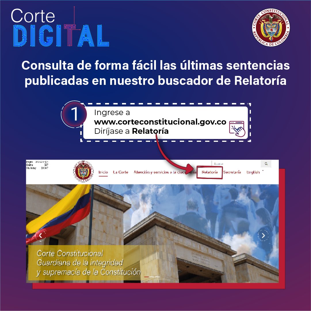 CConstitucional's tweet image. #CorteDigital  💻 | Consulta de forma fácil las últimas sentencias publicadas en nuestro buscador de Relatoría.
Pruébalo: corteconstitucional.gov.co/relatoria/busc…