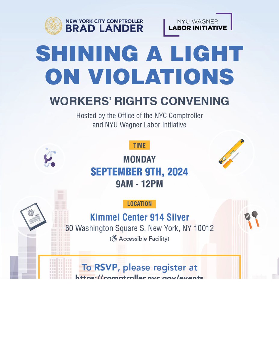 Join us *tomorrow* (9/9) via zoom, for a lively conversation on how publicity/public disclosure can empower workers &amp; deter violations. Speakers include <a href="/NYCComptroller/">Office of New York City Comptroller Brad Lander</a> <a href="/NJDOLCommish/">NJDOL Commissioner</a> <a href="/GregLeRoy4/">Greg LeRoy</a> <a href="/mbaram/">Marcus Baram</a> <a href="/clauirizarry/">claudia irizarry aponte</a> <a href="/Jennyryang/">Jenny R. Yang</a> &amp; more. Register here: (1/2)nyu.zoom.us/webinar/regist…