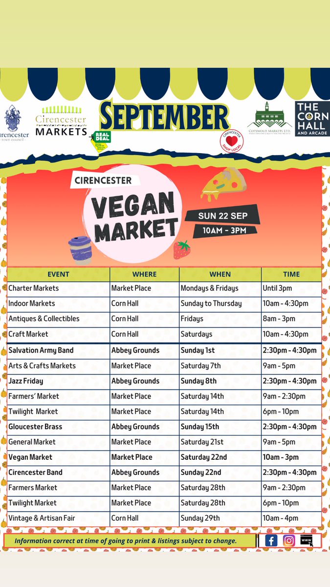 #September at Cirencester Markets! 

#marketsmatter #cirencester #cotswolds #markets #outdoormarkets #indoormarkets #chartermarkets #farmersmarkets #vegan