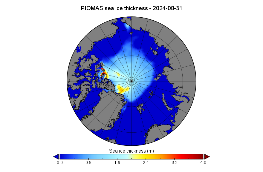 GreatWhiteCon's tweet photo. Here is the #PIOMAS end of August gridded #Arctic #SeaIce thickness map:
https://t.co/sVTFmhm5Qh
Plus the associated volume graph, as the summer minimum approaches: https://t.co/2LfKrG3qP8