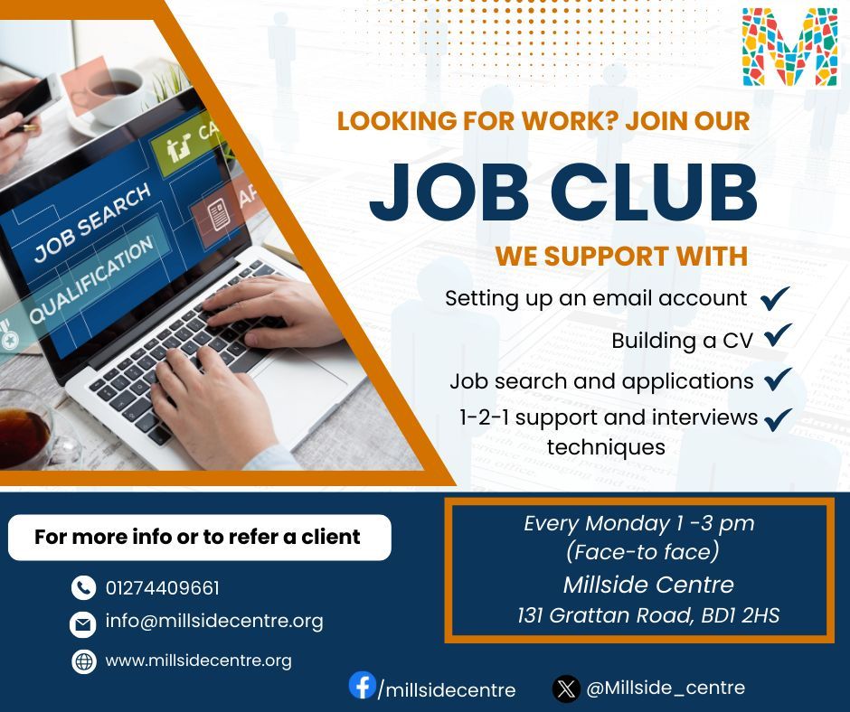 Millside_Centre's tweet image. Our Job Club will be meeting tomorrow on Monday from 1pm to 3pm. This session is designed for individuals looking to re-enter the workforce. 

We offer assistance with CV creation, job hunting, filling out job applications, and improving interview skills.