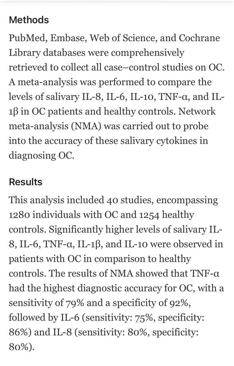 New research highlights the potential of salivary cytokines as diagnostic biomarkers for oral cancer (OC)!
A meta-analysis of 40 studies reveals
TNF-α: Sensitivity 79%, Specificity 92%
IL-6: Sensitivity 75%, Specificity 86%
IL-8: Sensitivity 80%, Specificity 80%

#OralCancer