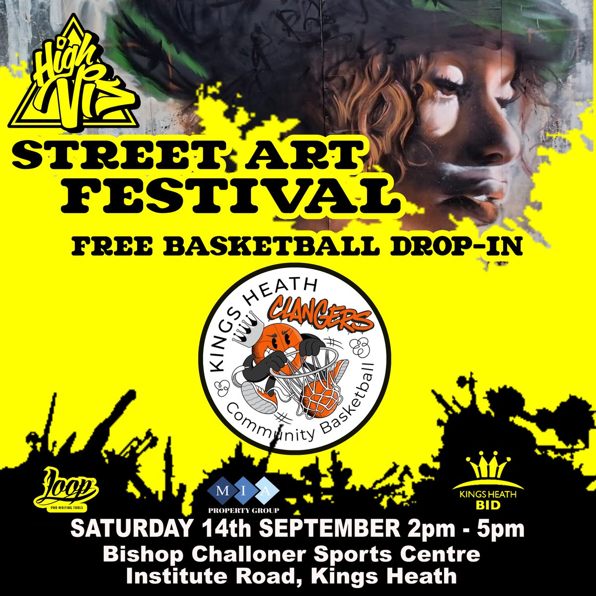 As well as over 30 artists painting next Saturday 14th at our annual #HighVisFestival, we also have free events too. Basketball drop-in hosted by Clangers Community Basketball and a free paste-up workshop at Nook. Both on Institute Road, Kings Heath.
