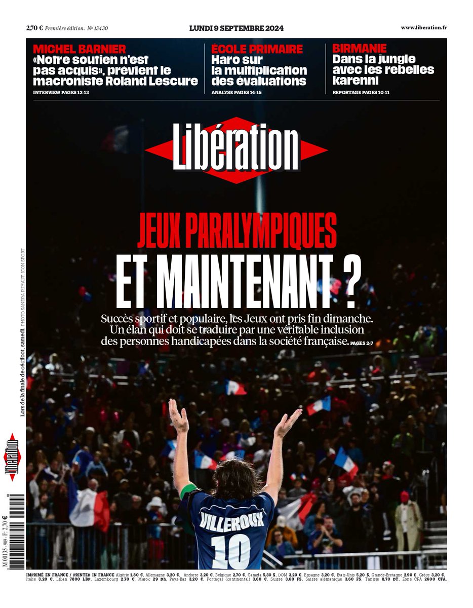 Libération (@libe) on Twitter photo Jeux paralympiques : et maintenant ? C'est la une de <a href="/libe/">Libération</a> ce lundi.
Succès sportif et populaire, les Jeux ont pris fin dimanche. Un élan qui doit se traduire par une véritable inclusion des personnes handicapées dans la société française.
#Paris2024 Jeux paralympiques : et maintenant ? C'est la une de <a href="/libe/">Libération</a> ce lundi.
Succès sportif et populaire, les Jeux ont pris fin dimanche. Un élan qui doit se traduire par une véritable inclusion des personnes handicapées dans la société française.
#Paris2024