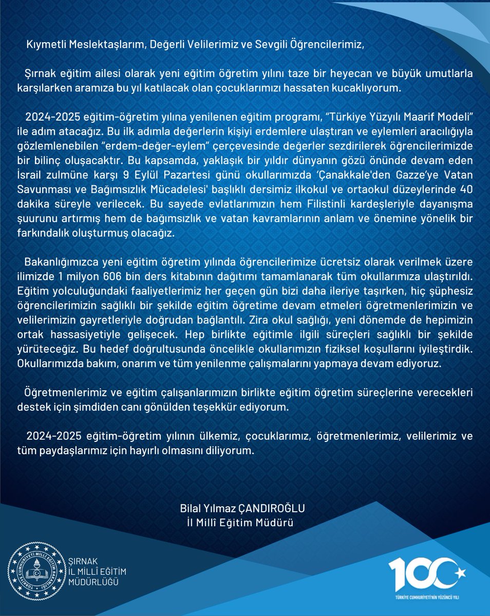 İL MİLLÎ EĞİTİM MÜDÜRÜMÜZ BİLAL YILMAZ ÇANDIROĞLU'NUN YENİ EĞİTİM ÖĞRETİM YILI MESAJI

<a href="/tcmeb/">Millî Eğitim Bakanlığı</a> <a href="/Yusuf__Tekin/">Yusuf Tekin</a> <a href="/cftcblnt/">Bülent ÇİFTCİ</a> <a href="/SirnakValiligi/">T.C. Şırnak Valiliği</a> <a href="/Cevdet_Atay/">Cevdet Atay</a> <a href="/bycandiroglu/">Bilal Hoca</a>