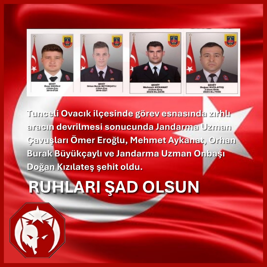 AtaKurtYardim's tweet photo. Tunceli Ovacık ilçesinde görev esnasında zırhlı aracın devrilmesi sonucunda Jandarma Uzman Çavuşları Ömer Eroğlu, Mehmet Aykanat, Orhan Burak Büyükçaylı ve Jandarma Uzman Onbaşı Doğan Kızılateş şehit oldu.
Ruhları şad olsun.
@ATAK_Genclik @_FatihAydemirr @EgeErgevin35 https://t.co/a12Dp3aNwo