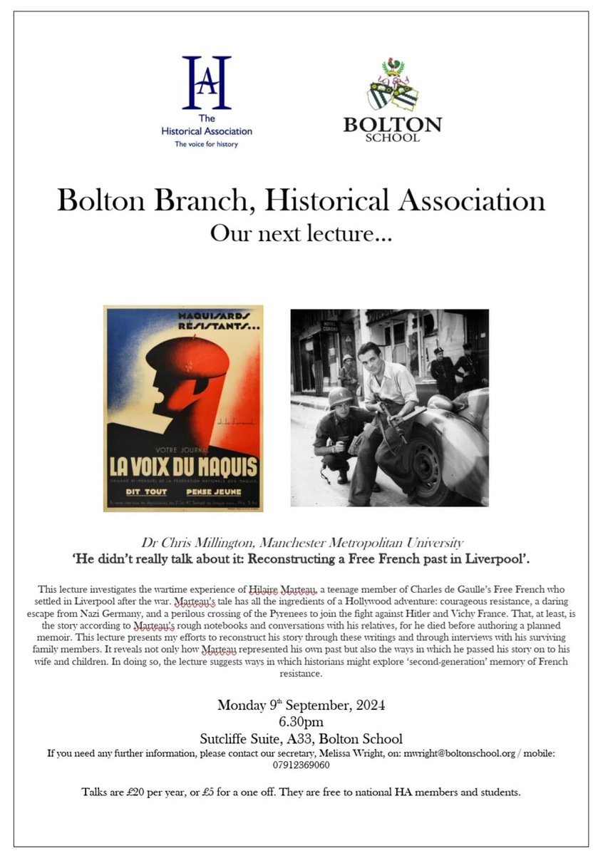 Historical Association Bolton Branch (@boltonhistory) on Twitter photo A reminder that our first meeting takes place tomorrow night with <a href="/DrCMillington/">Chris Millington 🏴🇬🇧</a> speaking about Hilaire Marteau, a member of De Gaul's Free French, who settled in Liverpool after the war. We hope to see you there! A reminder that our first meeting takes place tomorrow night with <a href="/DrCMillington/">Chris Millington 🏴🇬🇧</a> speaking about Hilaire Marteau, a member of De Gaul's Free French, who settled in Liverpool after the war. We hope to see you there!