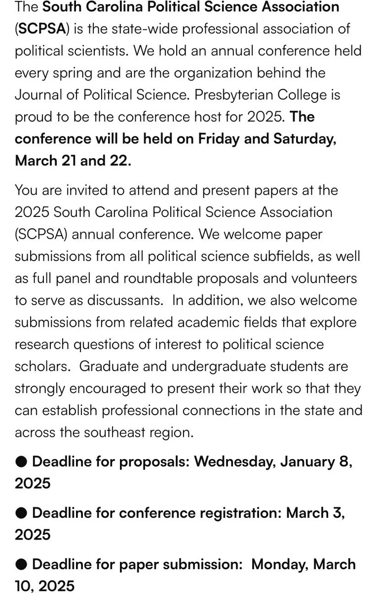 Political Science Conferences (@polisciconf) on Twitter photo South Carolina Political Science Association (SCPSA) annual conference at <a href="/presbycollege/">Presbyterian College</a> South Carolina Political Science Association (SCPSA) annual conference at <a href="/presbycollege/">Presbyterian College</a>