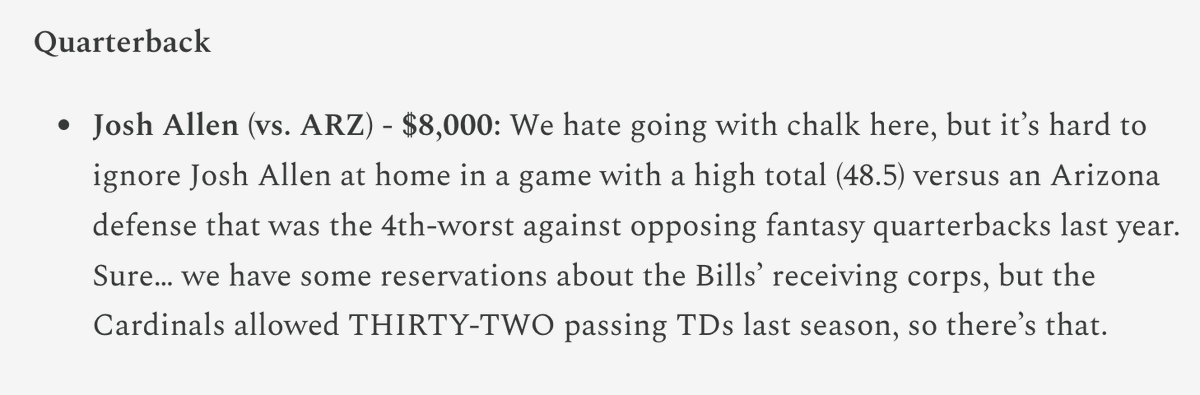 Roy Burton (@thebsline) on Twitter photo Here's what we wrote about Josh Allen in this week's DFS preview over at <a href="/gtdecision/">Game Time Decision</a>: Here's what we wrote about Josh Allen in this week's DFS preview over at <a href="/gtdecision/">Game Time Decision</a>: