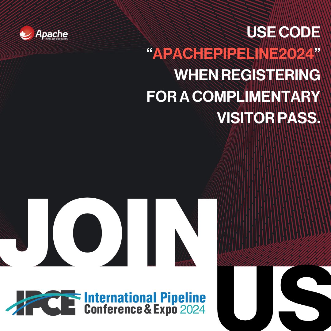 apachepipeline's tweet image. We invite you to join us at the 2024 International Pipeline Conference & Expo taking place on September 24-26!
If you are planning on attending, use code APACHEPIPELINE2024 for a complimentary pass at:
my.conexsys.com/EventRegistrat…
#ApachePipelineProducts #IPCE