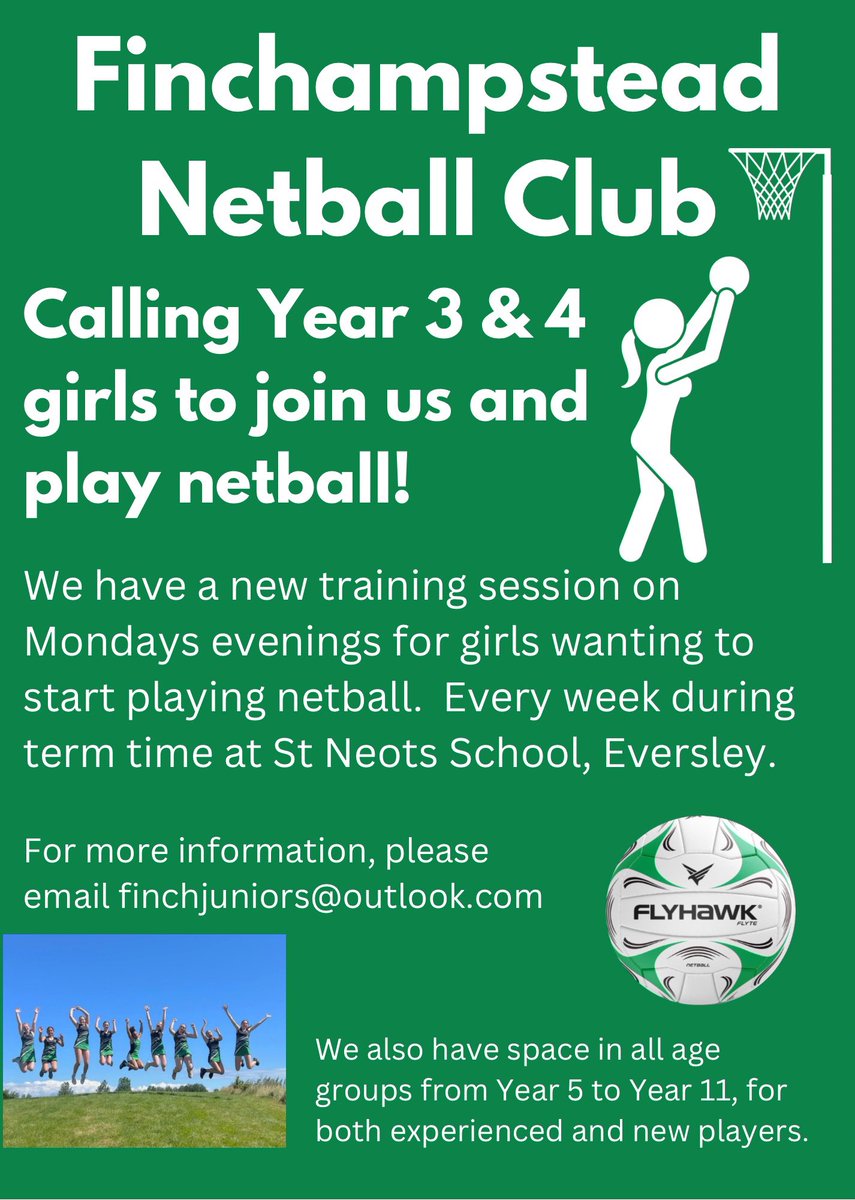 We're growing our junior section - we have a new Monday night training session for girls in years 3 &amp; 4.
#netball #netballberkshire #Finchnetball #sports #thisgirlcan #girlssport
Please email or message us for more info