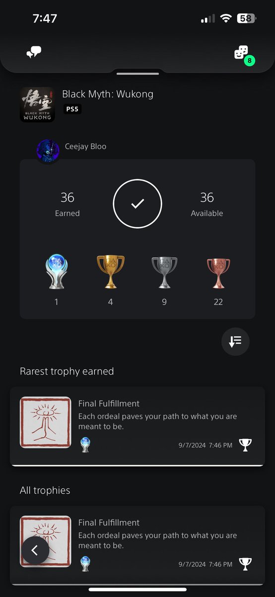 Finally. Shit game L game Astro Bot game of the year . Stupid rng grind. Took 90 hours #BlackMythWukong #platinum