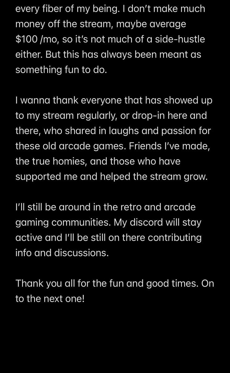 It’s been a great run, but it’s time to shutdown #TheAfterHoursArcade stream. My last broadcast will be this Friday (the 13th!)
Thank you all who helped grow my little #arcade channel. I’ll still be around contributing to the scene, I just won’t be streaming anymore. Blessings🙏