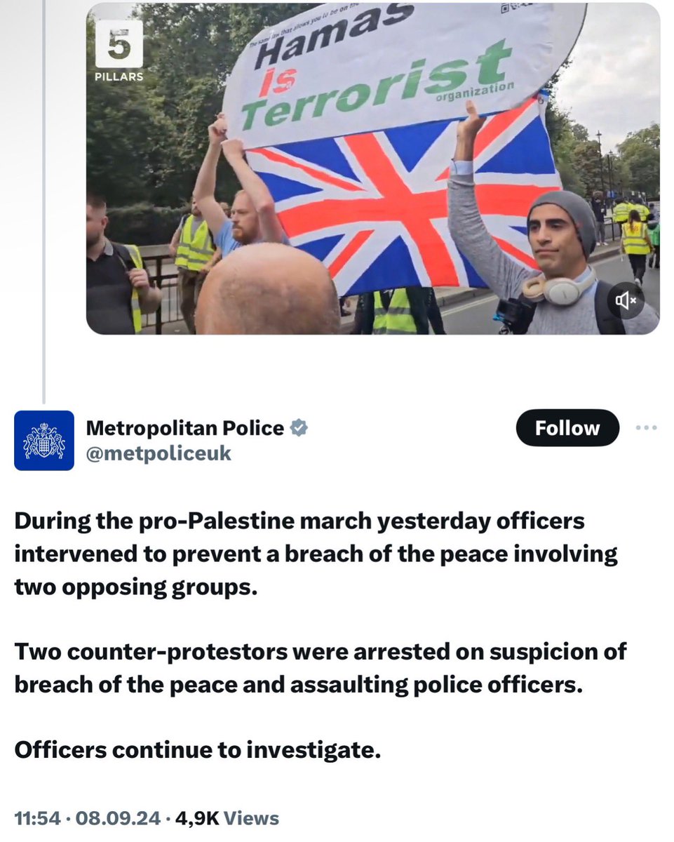 We have heard enough of the police's lies, now let me tell you what really happened because the people have a right to know:

My friend Mark and I decided to carry a sign saying "Hamas is a terrorist" to make sure everyone at this rally knew that the UK has officially designated
